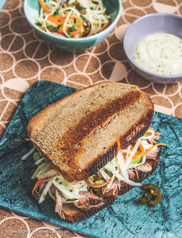 Pulled-pork casserole with smoked mustard, avocado and GourmetGuerilla.com 